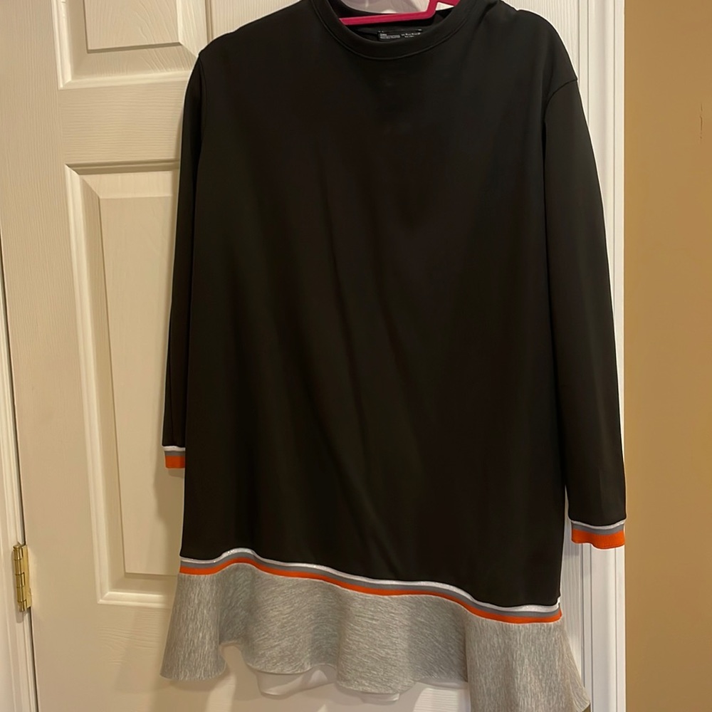 Zara oversized black mini dress with grey and orange jersey ruffle at the bottom
